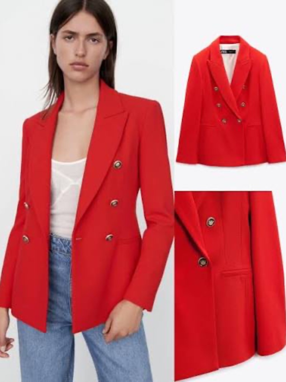 Zara Bright Red Double-Breasted Blazer with Gold Buttons Sz S NWOT $149